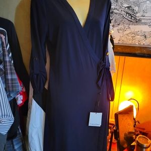 NWT Calvin Klein 12 wrap dress Navy gold findings